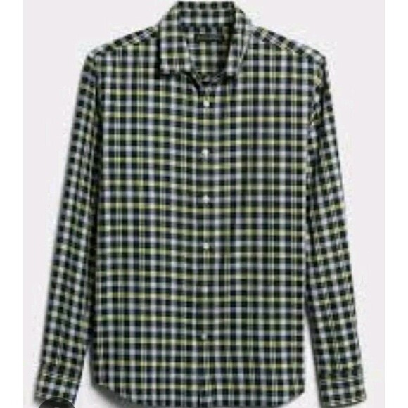 Banana Republic Men Untucked Navy Blue Yellow Plaid Slim Fit  Button Shirt M - Picture 1 of 5